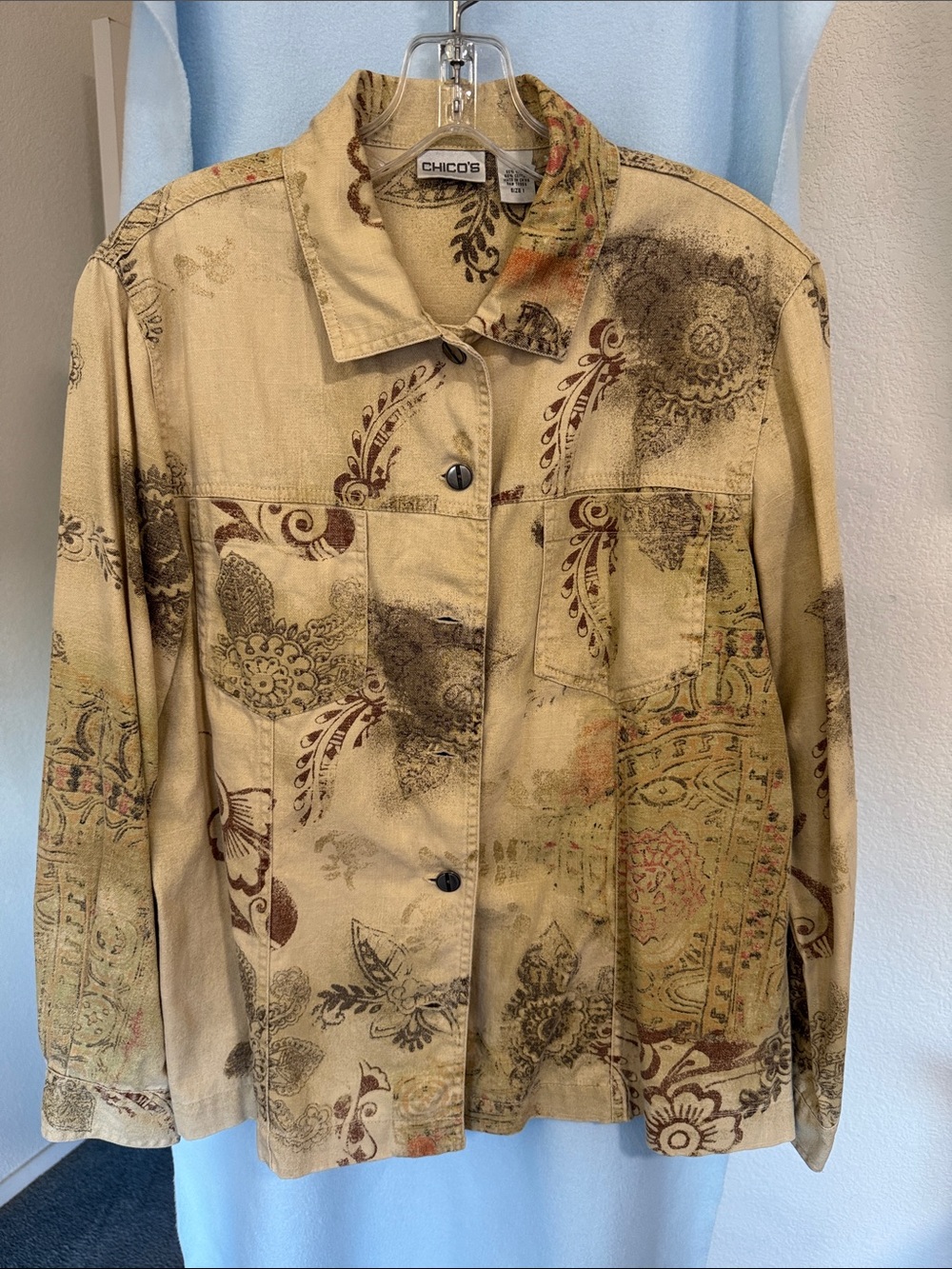 Chico's Beige Floral Paisley Button-Front Jean Jacket